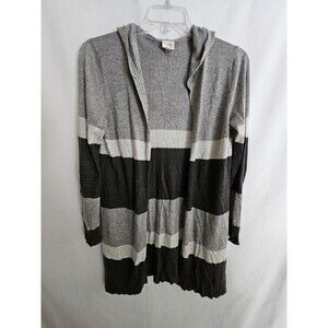 Cupio Women’s Open Front Hooded Cardigan Sweater Gray Stripe Long Sleeve Size M